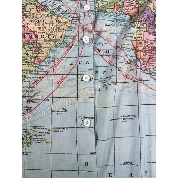 Miss Look Linen Button Down World Map Long Sleeve Blouse Women's Size Medium - Picture 3 of 11